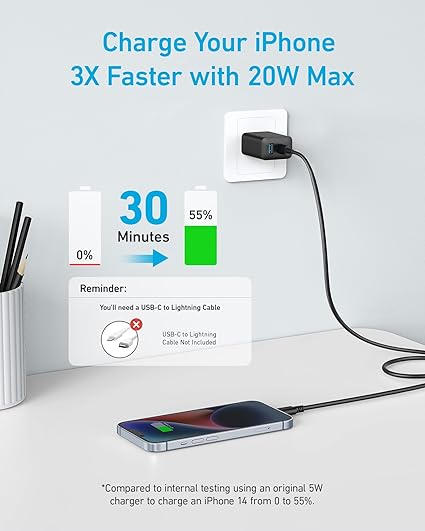 Cargador Anker USB C Charger 20W 5 ft USB C Cable Included