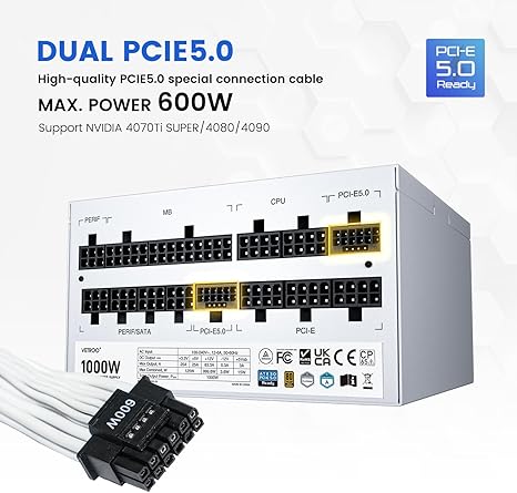 Power Supply Vetroo 1000W White ATX 3.0 80 Plus Gold Full Modular