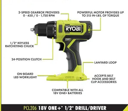 Colmado Overland Herramientas RYOBI PCL2061 One Kit de taladro 18V 1/2"