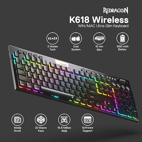 Teclado Redragon K618 Horus Wireless RGB Mechanical Keyboard
